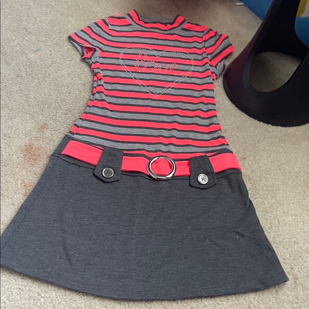 Chic Striped Coral and Gray Kids Dress